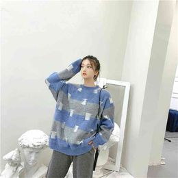 Autumn And Winter Pullover Sweater Korean Loose Block Hole Lazy Wind Round Neck Thick Women 210427