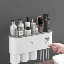 New punch-free toothbrush holder automatic toothpaste dispenser and cup wall-mounted washing and storage rack bathroom set 210322