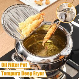 20/24cm Japanese Deep Frying Pot with a Thermometer and a Lid 304 Stainless Steel Kitchen Tempura Fryer Pan 210319