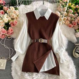 Ezgaga Elegant Two Piece Set Women Long Sleeve White Shirts Knit Vest Korean Fashion Bandage Pullover Autumn Office Lady Tops 210730