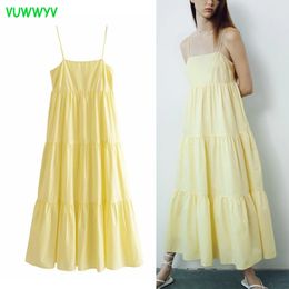 VUWWYV Cotton Dresses Women Yellow Strappy Backless Midi Dress Woman Summer Elegant Pleated Evening Party 210430