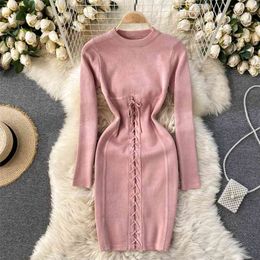 Women Knitted Sweater Dress Solid O-neck Long Sleeve Mini Bodycon Sexy Lace-up Bandage Skinny Party Vestido 210603