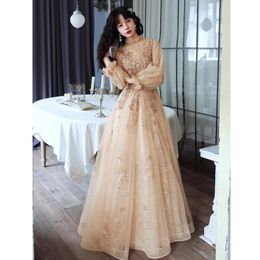 Host Evening Dress Female Temperament Banquet 2021 Autumn Champagne Colour Long Style Elegant And Sexy Look Thin Ethnic Clothing