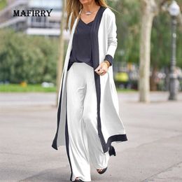 Women Casual V-Neck Sling Top Straight Trouser Long Cardigan 3PCS Suit Solid Wide Leg Pant Spring Autumn Streetwear Drop 210930