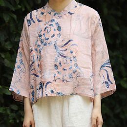 Johnature Women Chinese Style Stand Shirts Ramie Print Floral Tops Button Spring Nine Quarter Loose Vintage Blouses Shirts 210521