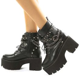 GIGIFOX Brand Fashion Gothic Halloween Cosplay Dress Up Combat Boots Jungle Boots Big Size 42 Chains Chunky Heels Woman Shoes Y0914