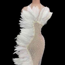 Vestido Largo Elegante Malla Plumas Transparente para Mujer, Fiesta Boda Sexy Con Cuello Halter Y Diamantes de