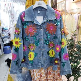 New women's autumn fashion denim jeans embroidery paillette flowers pattern casual loose coat jacket