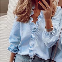 Spring Women's Blouse Lady New tops women Solid Ruffle Female Shirt V-Neck Full Sleeve Casual Print shirts women clothing 210317