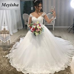 ZJ9214 Modest Design White Ivory Sleeve Wedding Dress 2021 Tulle Sheer Jewel Neck Long Sleeves Lace Up Back Appliques Bridal Gowns Plus Size 2-26W