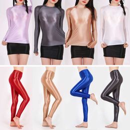SeamlYoga Set Transparent Women Clothes Glossy Long Sleeve Sports Top Gym FitnShirt Sportswear Workout Set Leggings X0629