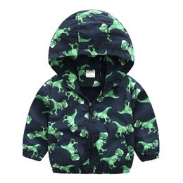 Spring Autumn 2-10 Years Children's Outwear Cartoon Animal Dinosaur Print Zipper Baby Kids Handsome Hooded Jacket For Boys 210701