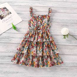 Girls Dress Fashion Floral Sling Cake Princess Summer Children's Clothes Printed 210515
