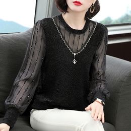 Women Spring Autumn Style Chiffon Blouses Shirts Lady Casual Stand Collar Dot Printed Long Sleeve Blusas Tops DF3789 210317
