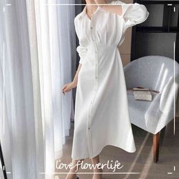 Office Lady Shirt Dress Women Casual Solid Chiffon Midi White Dress Female Design Elegant Dress Korean Summer 210521