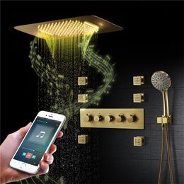 Music Led Bathroom Shower Faucet Brushed Gold Rain LED Shower Tap Waterfall Bathroom Faucet Concealed Mixer Shower Speaker