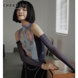 CHEERART Designer Off Shoulder Mesh Top Long Sleeve Top See Through T Shirt Women Tee Shirt Summer Fashion Tops 210324