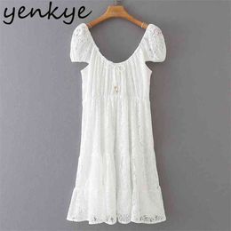 Fashion Women White Lace Dress Female Short Sleeve O Neck A-line Mini Vestido Mujer Summer Party Dresses 210514