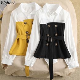 Woherb Fake Two Pieces Long Sleeve Patchwork Blouse Button Design Belt Elegant Shirts Female Asymmetric Fashion Tops Women 91700 210317