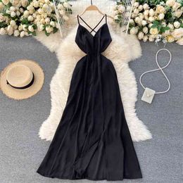 Summer Fashion Temperament Maxi Vestidos Feminine V-neck Halter Waist Slimming Retro Dress C811 210506