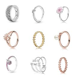 Women 925 Sterling Silver Rings Rose Gold Color Pink Diy Flower Crown Ring for Wedding Party Jewelry