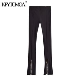 KPYTOMOA Women Chic Fashion Zipper Hems Skinny Black Pants Vintage High Elastic Waist Female Trousers Mujer 210915