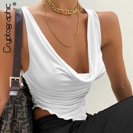 Cryptographic Summer Ruffles Ruched Sexy Tank Tops for Women Sleeveless White Plunge Top Cropped Club Party Fashion Outfits Y0622