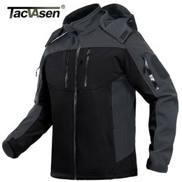 TACVASEN Multi Zipper Pocket Waterproof Tactical Jackets Men's Fleece Lining Outdoor Jacket Stand up Coat W/ Hoodie Windbreaker 211217