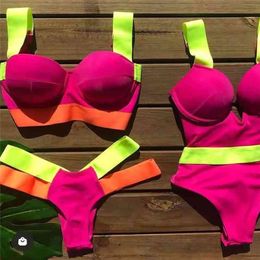 Sexy Patchwork Bikini Women Swimsuit Push Up Brazilian Swimwear Bathing Suit Female Biquini Neon BeachWear Swimming Thong 210323