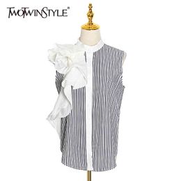 Elegant Patchwork Ruffles Women T Shirt O Neck Sleeveless Loose Hit Color Striped T-shirts Female Summer 210524