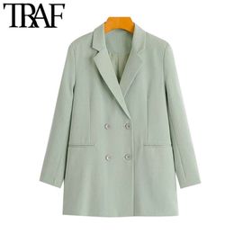 TRAF Women Fashion Office Wear Double Breasted Blazer Coat Vintage Long Sleeve Pockets Female Outerwear Chic Tops 211006