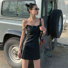 PU Leather Sundresses Women Plus Size Metal Spaghetti Strap Dresses Short Mini Sexy Tank Dress Female A-Line High Waist Cloth 210601
