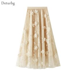 Skirts Women's Elegant Floral Embroidery Midi Long Skirt Korean Female High Waist 3 Layer Pleated Faldas 2021 Autumn SK565