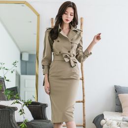 Autumn Elegant Double Breasted Office Lady Women Knee Length Dress Female Bodycon Blazers Spring 210514