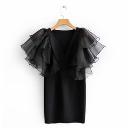 Women V Neck cascading ruffles Butterfly Sleeve Organza Patchwork Vestido Casual Slim Mini Dress Female Chic Dresses DS3125 210420