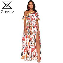 Women Dress Printed Bohemia es Sexy Long Print Floral Maxi Oblique Shoulder Split Plus Size Summer es 210524
