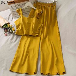 Summer Two Piece Set Solid Tank Top + Wide Leg Pants Beach Style Sweet Fashion 2 Women Casual Outfits 210519
