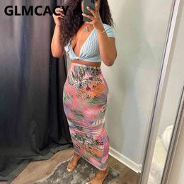 Women High Waist Leaf Printed Bodycon Maxi Skirts X0428