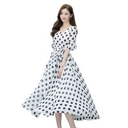 Fashion women dress summer style temperament big swing short-sleeved chiffon polka-dot long skirt 210520