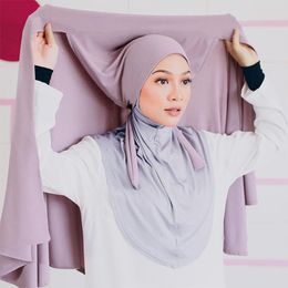 2021 Women Solid Color Chiffon Hijab Scarf with Bandage Premium Tie Back Instant Hijabs Malaysian Head Scarves Muslim Shawl Wrap