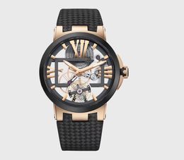 Hollow out the tourbillon wristwatches 43.5 mm carve patterns rk men watch with ultra-thin automatic movement rose gold case carbon fiber embossing leather strap