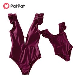 Summer Solid Red Wine Swimsuits for Mommy and Me 210528