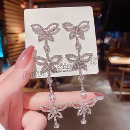 Korean Fashion Metal Hollow Butterfly Drop Earrings For Women Ladies Elegant Crystal Tassel Long Earring Jewelry