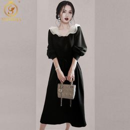 Women Spring Autunm Dresses Ladies Long Sleeve Vintage High Waist Mid-Length Black Vestidos 210520