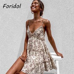 V Neck Floral Print Dress Women Summer Casual Beach Boho Ruffles A-line Mini Vestidos Clothes Girls Party 210427