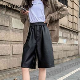 Plus Size Autumn Winter Black PU Faux Leather Women Half Pants High Waist Wide Leg Vintage Loose Trousers 210428