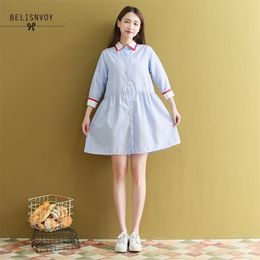 Mori Girl Summer Dresses Women Three Quarter Casual Loose Striped Blue A-Line Vestidos Sweet Female Sashes Shirt Mini Dress 210520