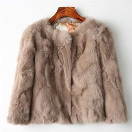 Genuine Full Pelt Fur Jacket Women's Design Rabbit Coat Natural Wholeskin O-Neck Fashion Slim Thin 211018