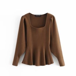 Elegant Woman Slim Stretchy Square Collar Sweater Spring Autumn Casual Ladies Soft Puff Sleeve Knitwear Female Chic Tops 210515