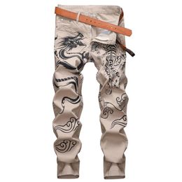 Men's khaki Dragon Tiger Printed Jeans Fashion Slim Fit Straight Male Pants